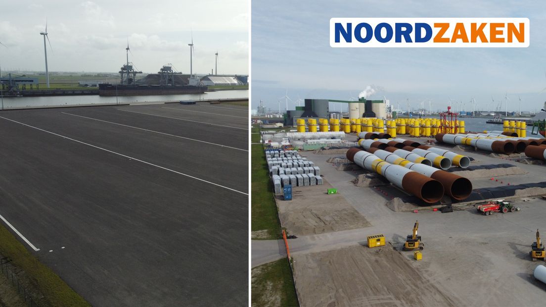Links de lege terminal in de Eemshaven, rechts de volle