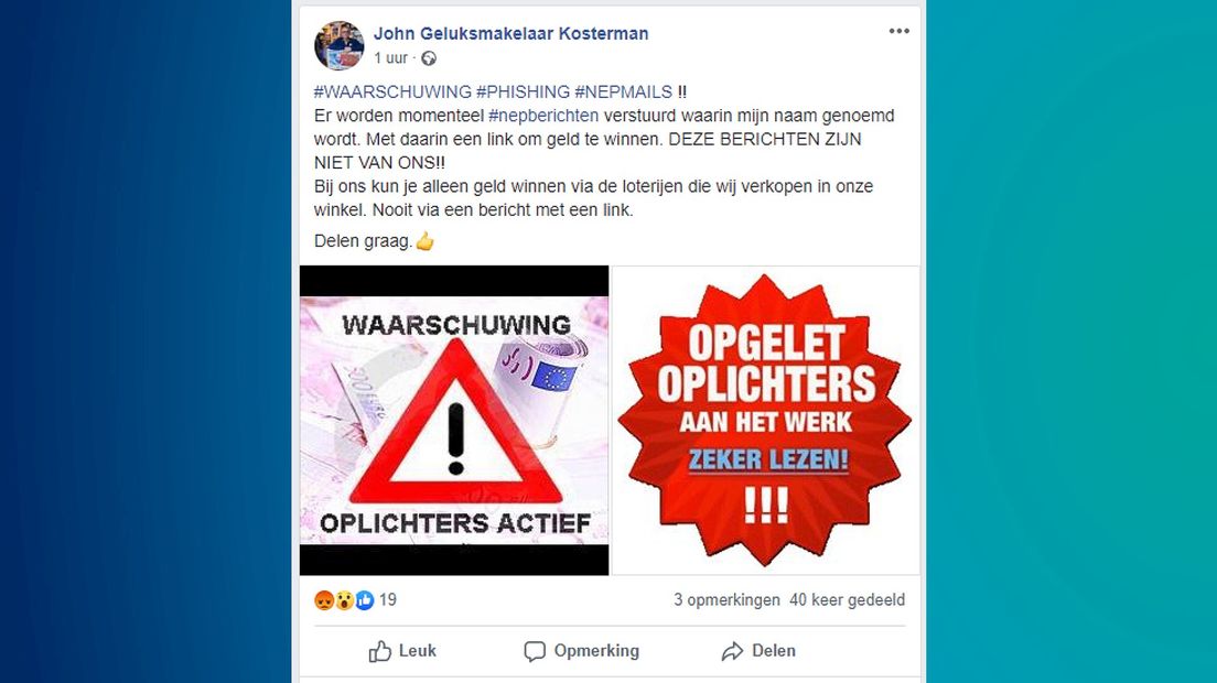 De waarschuwing die 'geluksmakelaar' Kosterman in Zwolle op Facebook plaatste