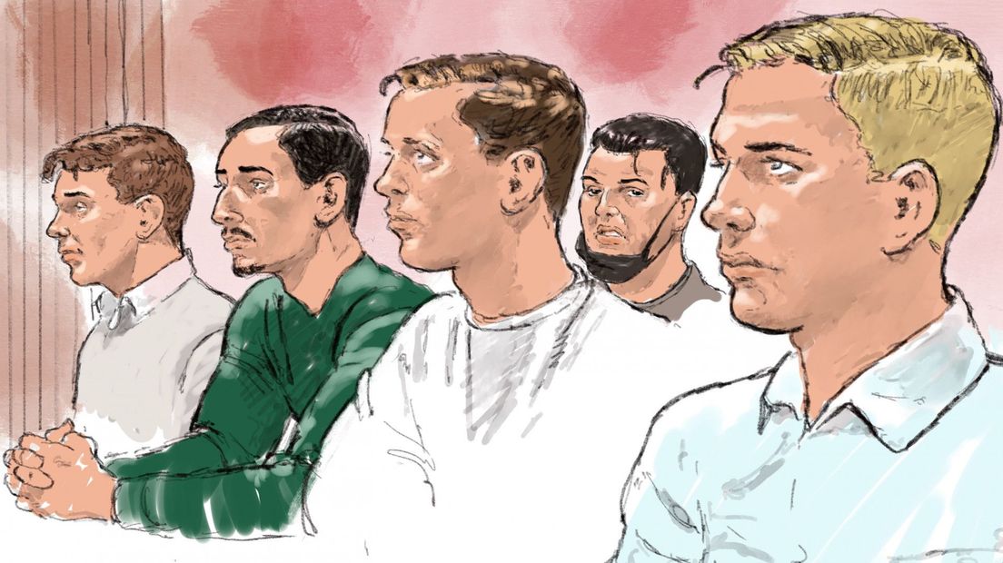 Vijf van de verdachten op de rechtbanktekening
