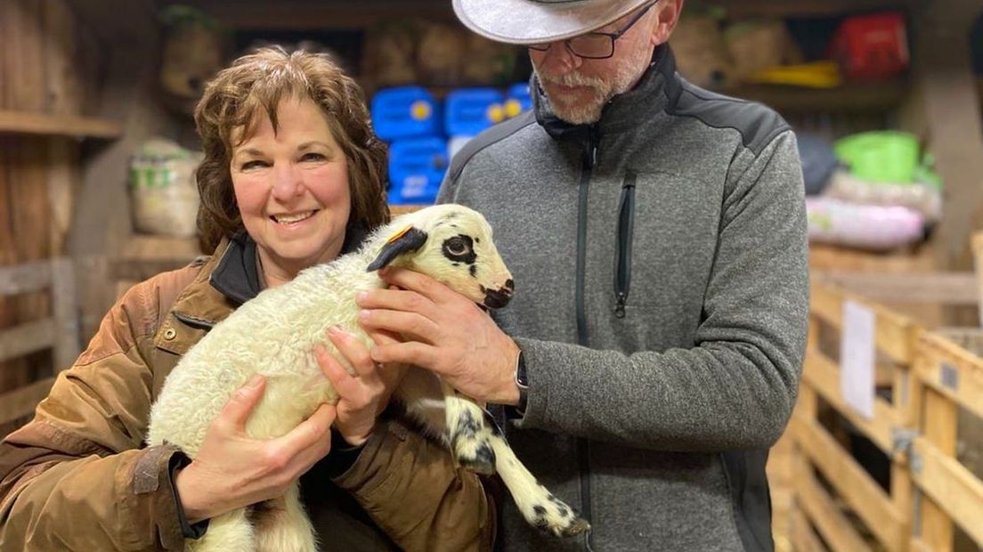 Herdersechtpaar Elly en Harrie met een van de lammetjes.