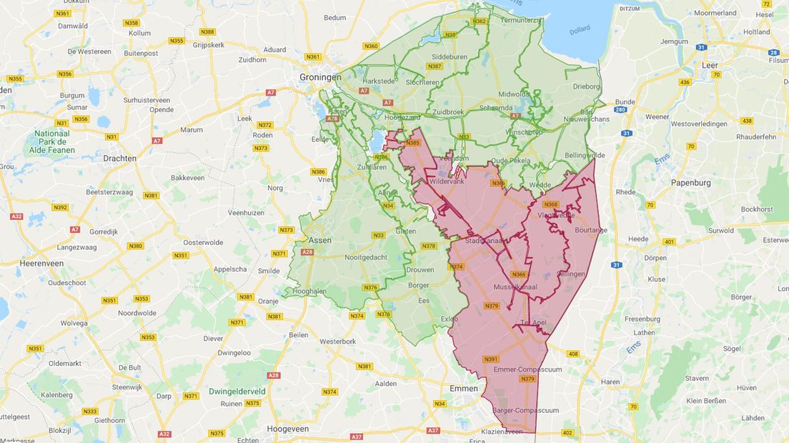 Het beregeningsverbod geldt voor het roodgekleurde gebied.