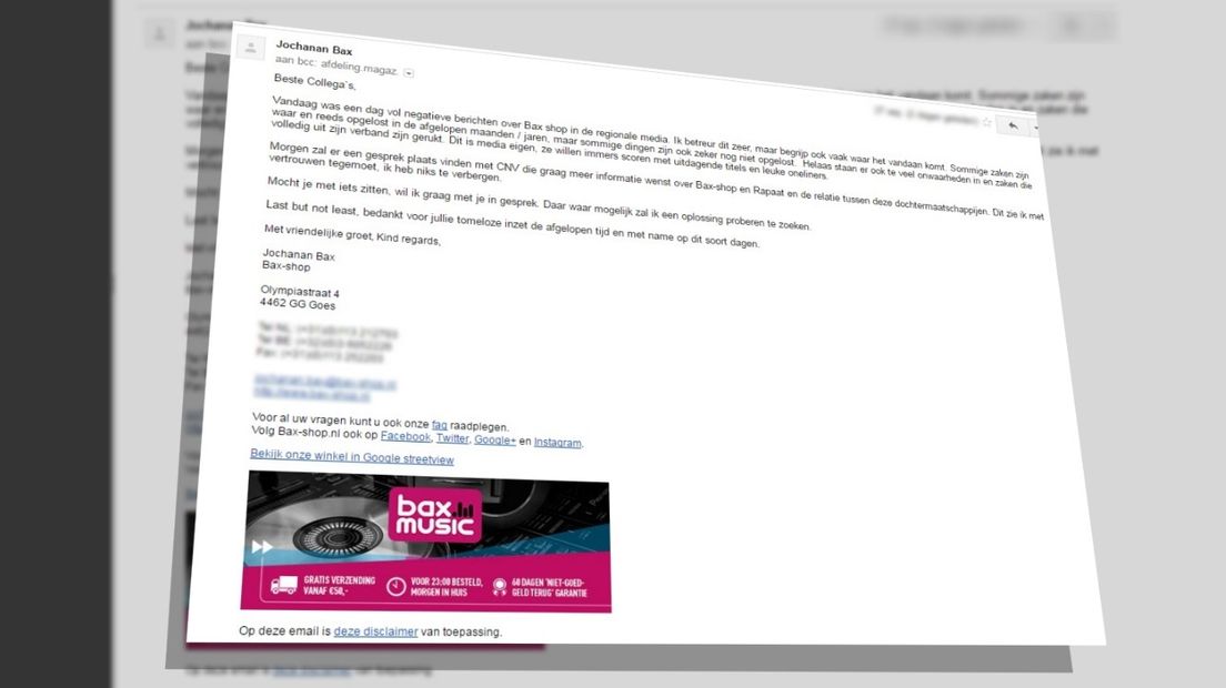 In deze interne email belooft directeur Bax-shop beterschap