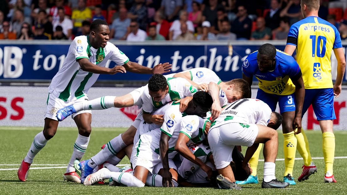 Dolle vreugde bij FC Groningen na de winnende goal tegen SC Cambuur, afgelopen augustus