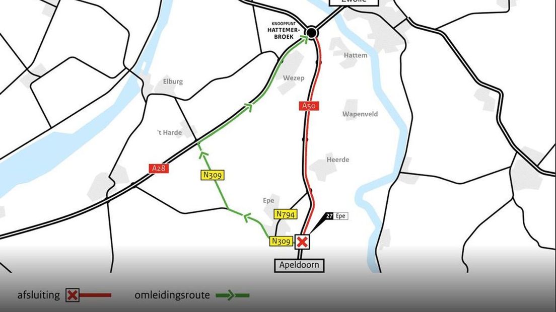 ’s Nachts verkeershinder op A50 tussen Epe en knooppunt Hattemerbroek