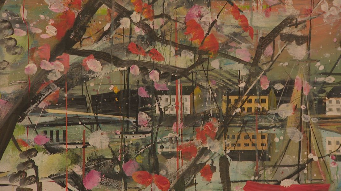 fragment van een Urban Landscape met de kade van Kampen, van kunstenares Anneke Wilbrink. Onderdeel van expositie Lofoten in De Fundatie t/m 03.01 2021