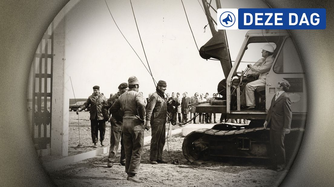 Het slaan van de eerste paal van de gasbehandelingsinstallatie van de NAM in Uithuizen (1974)