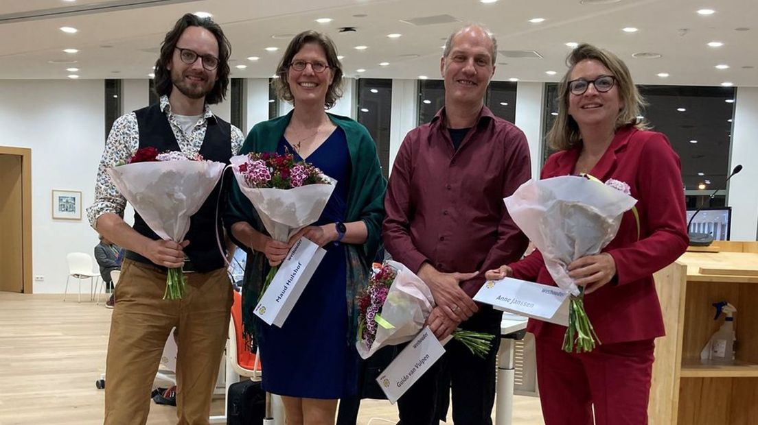 De nieuwe wethouders van Wageningen met vlnr: Erik-Jan Bijleveld, Maud Hulshof, Guido van Vulpen en Anne Janssen