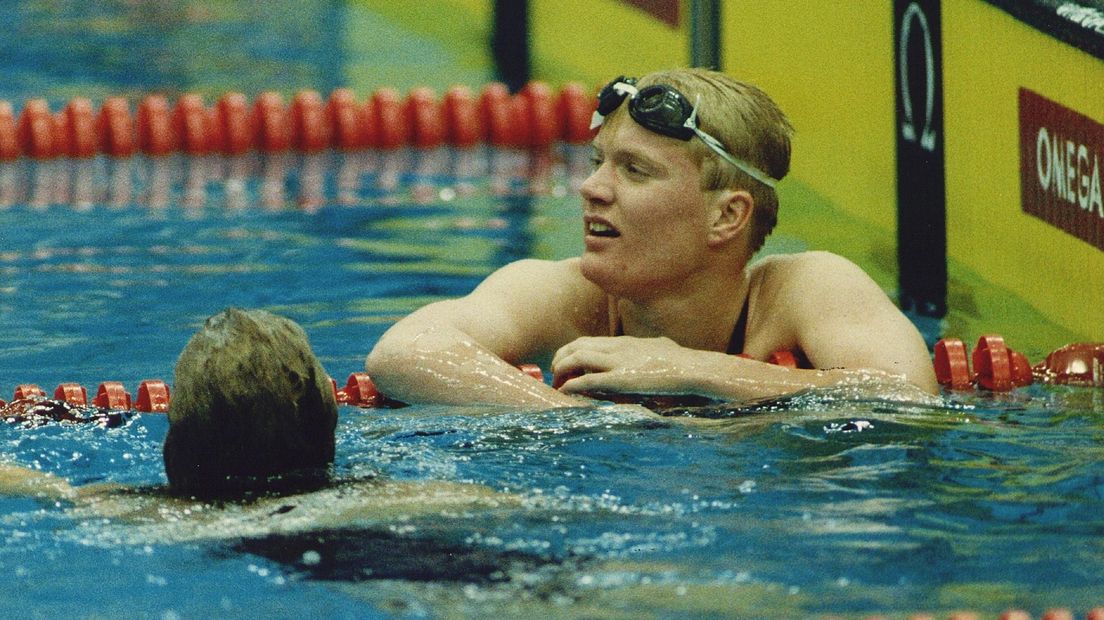 Linda Moes na afloop van de B-finale van de 200m schoolslag op de Spelen in '88
