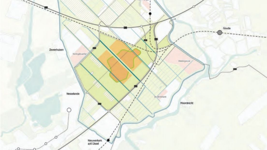 Het 'Vijfde Dorp' is het groene gebied tussen Gouda en Zevenhuizen
