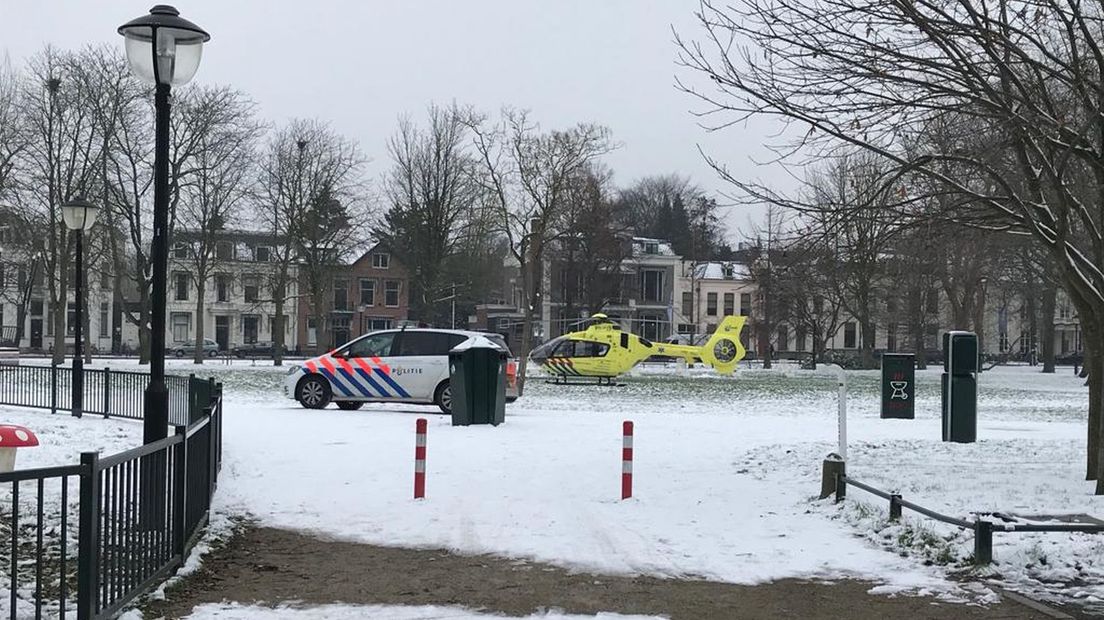 Politie en traumahelikopter in park Lepelenburg.