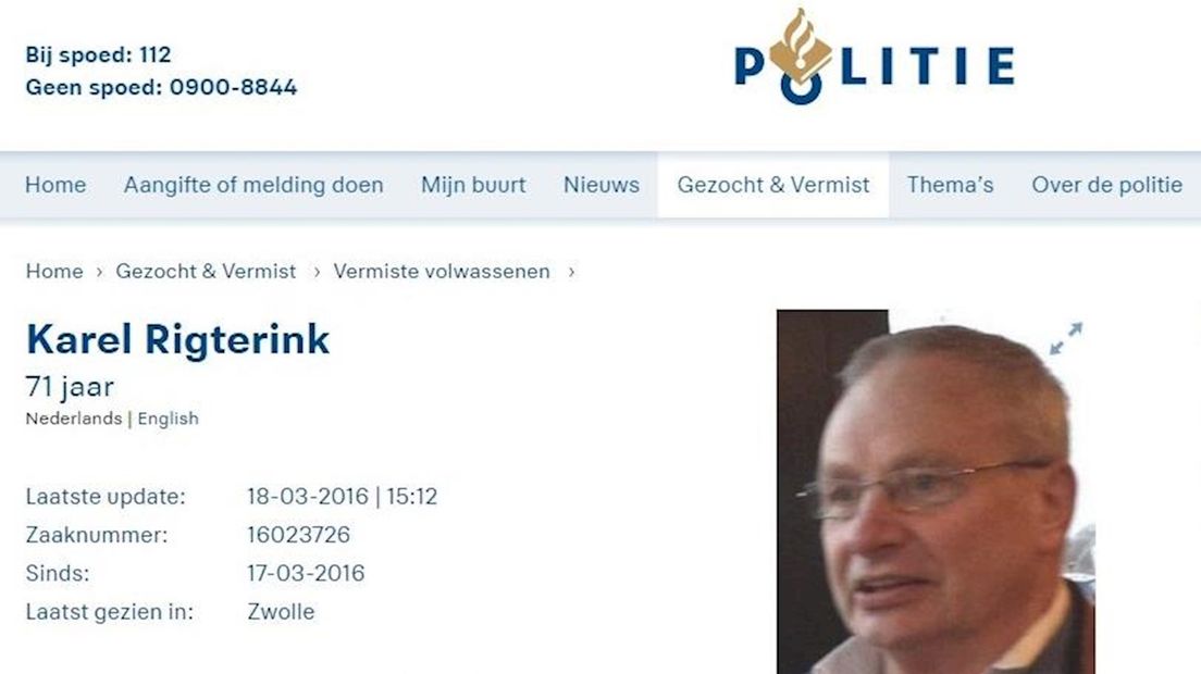 Karel Rigterink (71) vermist in Zwolle