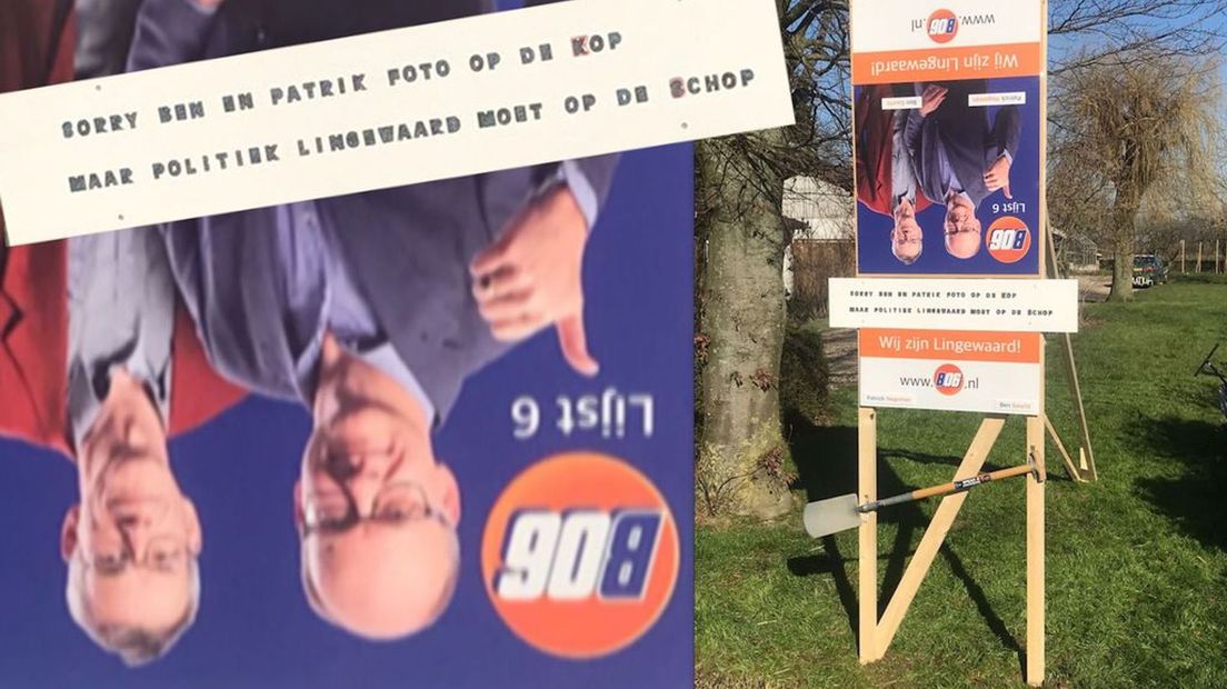 Het verkiezingsbord in de tuin van de timmerman.