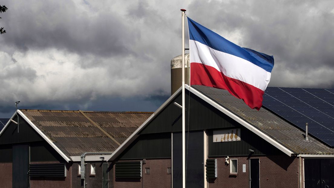 Een omgekeerde vlag bij een boerderij in het Noorden, als teken tegen de stikstofplannen