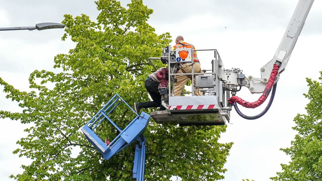 De brandweer redt de man uit zijn benarde positie