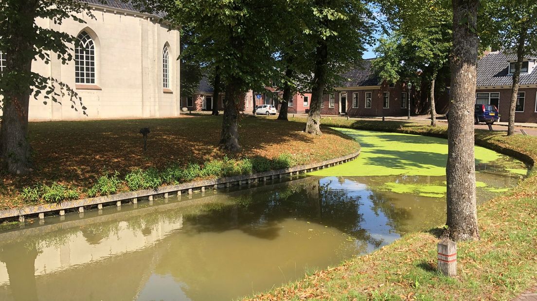 Uit de gracht rondom het pittoreske kerkje in Spijk komt een 'vieze' lucht