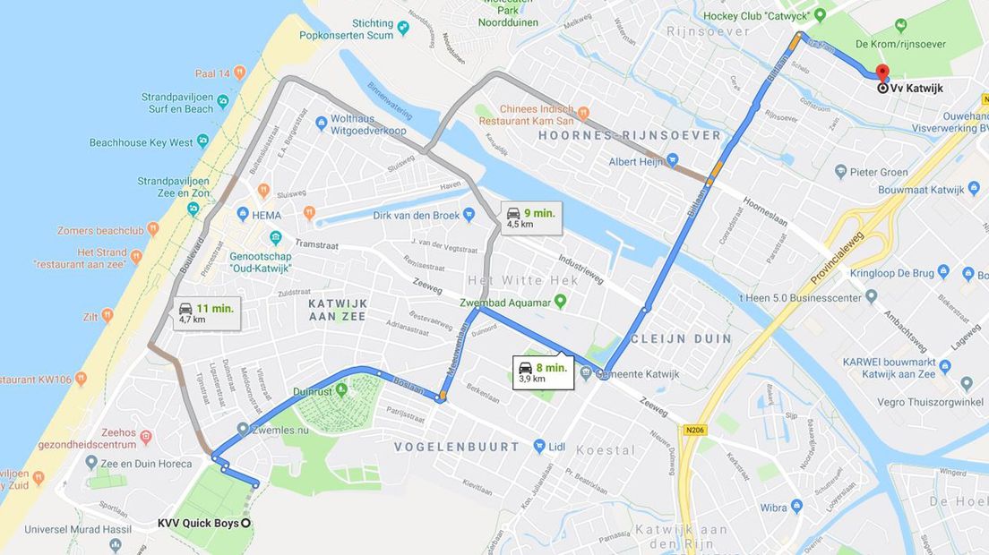 De route van Quick Boys naar vv Katwijk. | Still: Google Maps