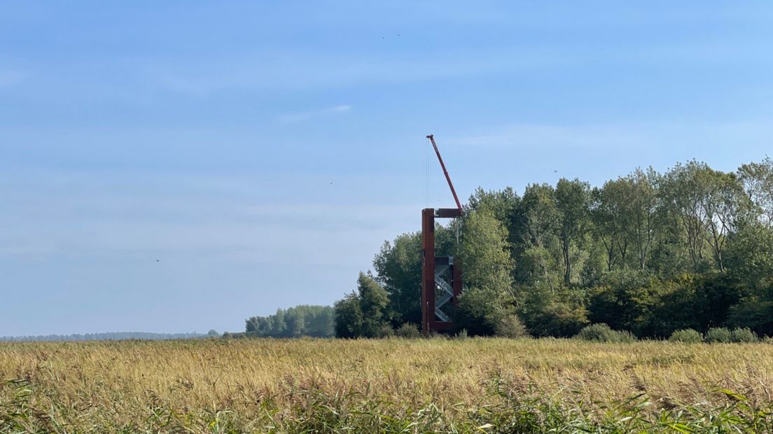 De uitkijktoren aan de rand van het Diepsterbos kijkt uit over het Lauwersmeer