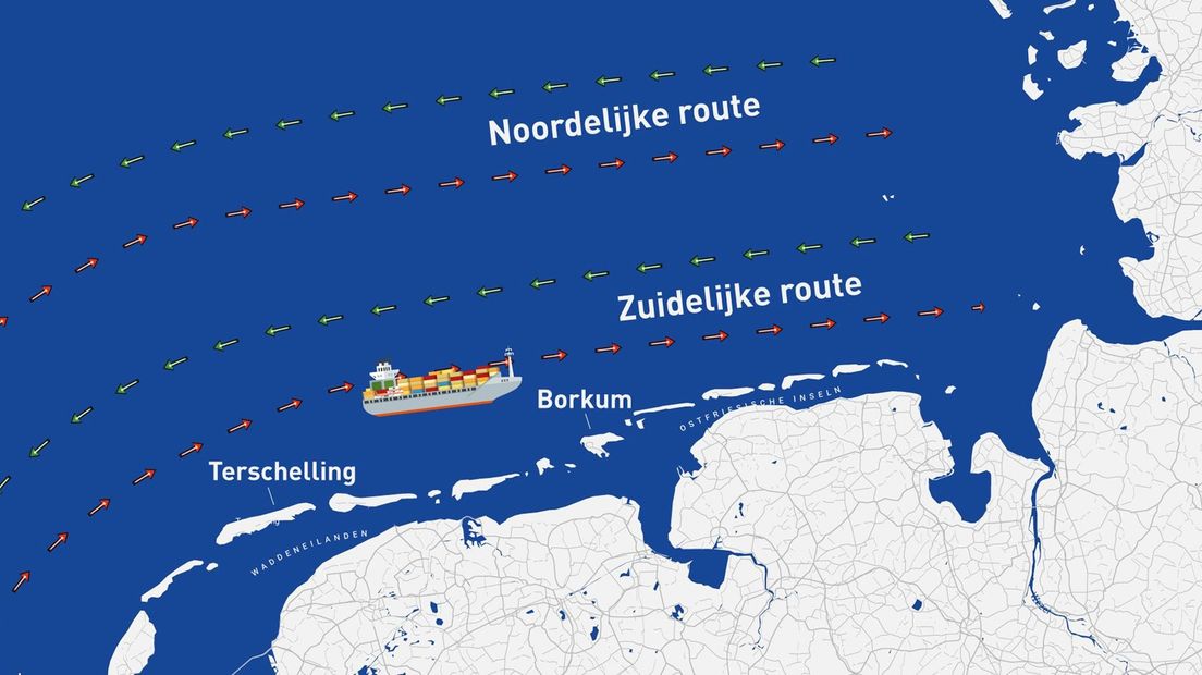 De noordelijke en zuidelijke vaarroute van het scheepvaartverkeer boven Nederland