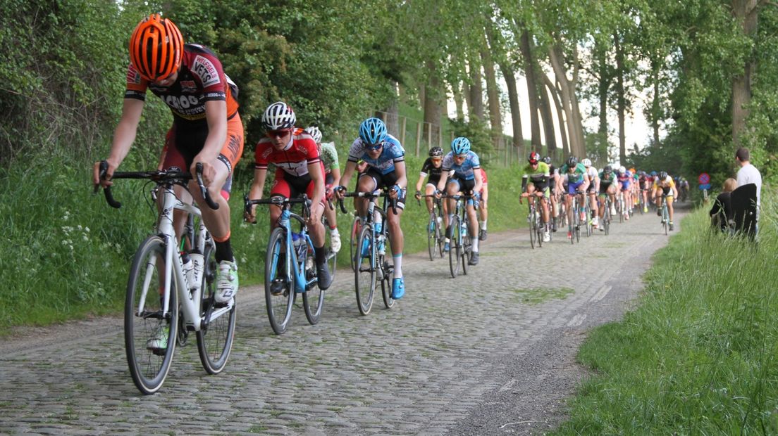 Het peloton rijdt over de kasseien in Zeeuws-Vlaanderen
