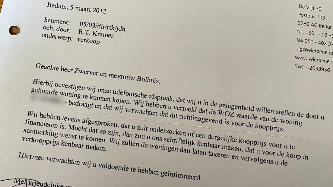 De brief die Rob Zwerver kreeg op 5 maart 2012
