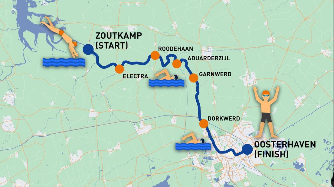 De route van de Groningen Swim Challenge