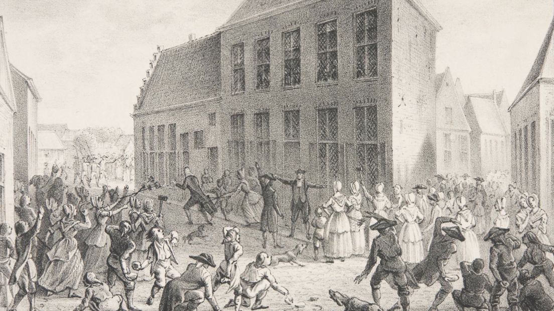 Het IJzerkoekenoproer in Coevorden (tekening: Wikimedia Commons)