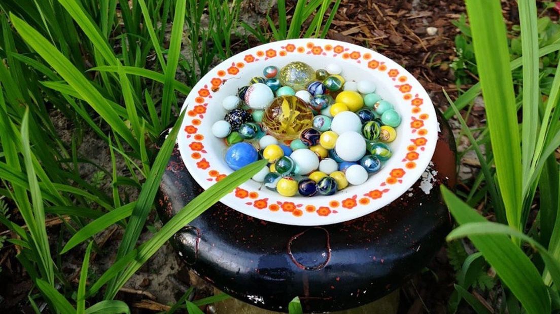 Bord met knikkers en water voor de insecten.