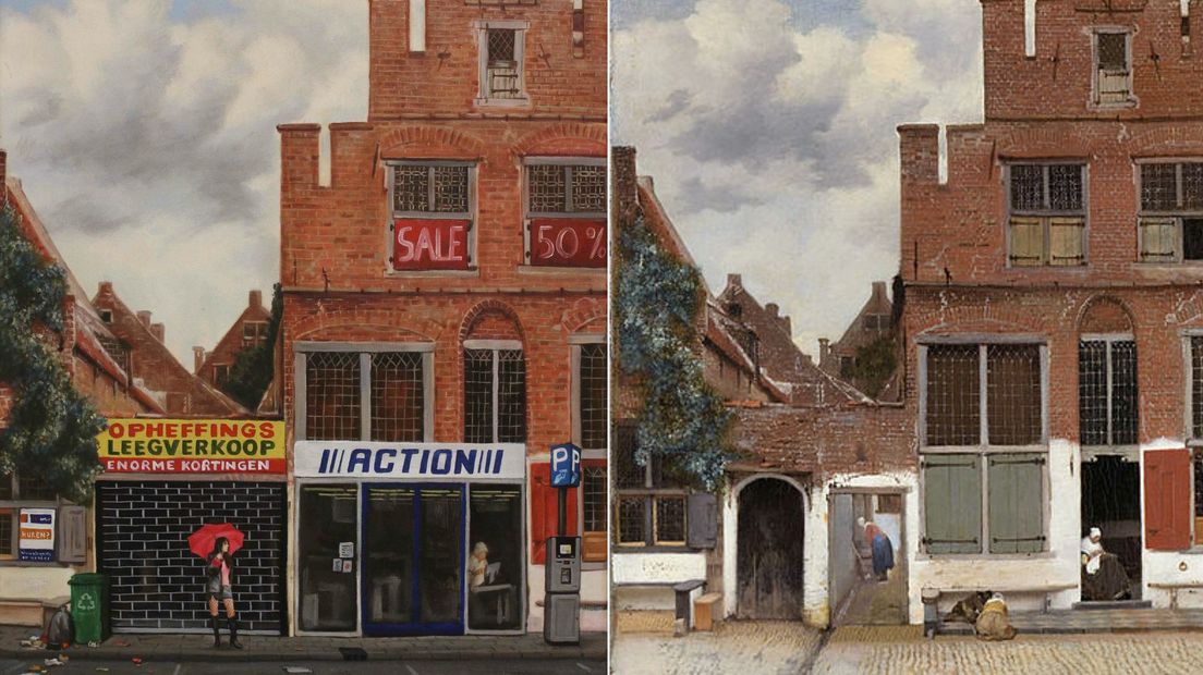 Links (een deel van) de parodie van René, rechts het origineel van Vermeer