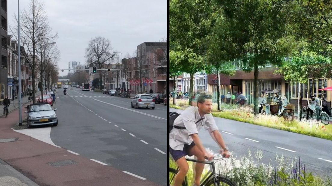 De Hereweg in de huidige situatie (links) en een impressie van hoe het uiteindelijk moet worden (rechts)