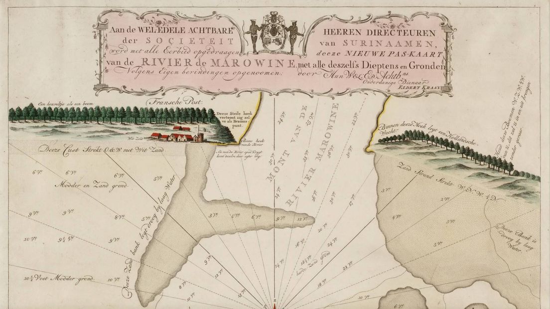 Een oude kaart van de riviermonding van de Marowijnerivier, waar het wrak van het schip in de buurt zou liggen