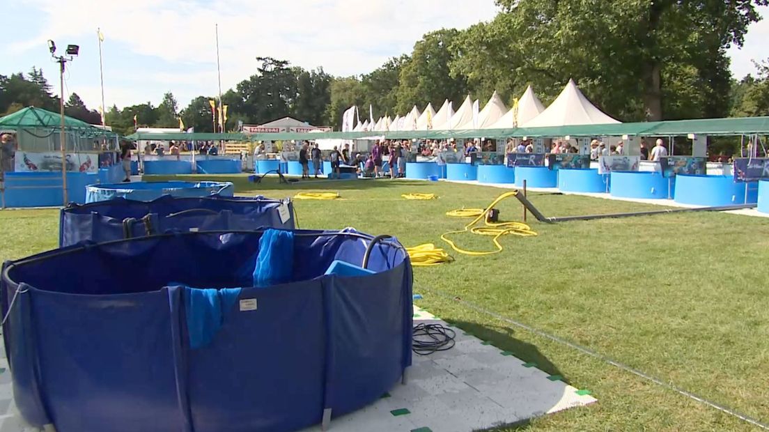 Vaten met koikarpers bij de Holland Koi Show in Arcen.