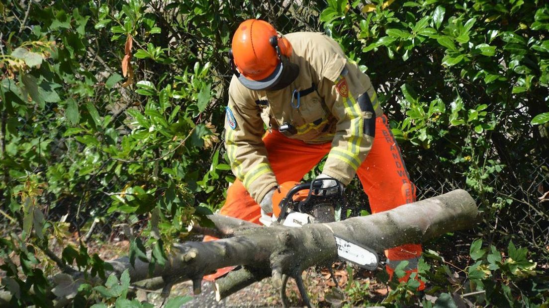 Brandweer zaagt boom in stukken