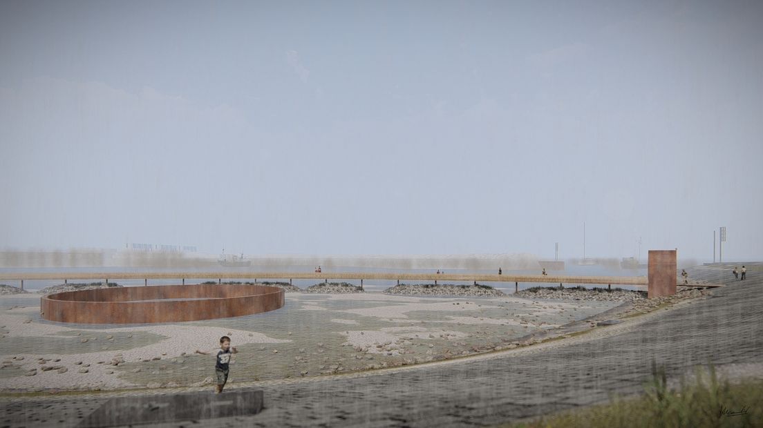 Een impressie van het getijde-kunstwerk in de haven van Lauwersoog