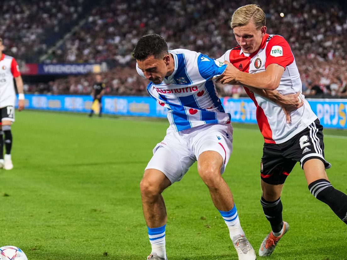 Thom Haye schermt de bal af voor Marcus Pedersen