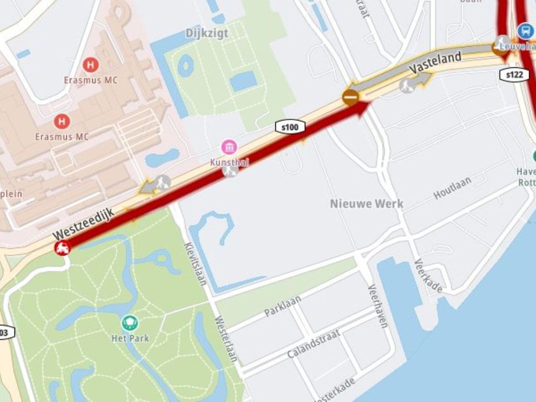 De werkzaamheden zijn op de Westzeedijk voor het EMC, de Kunsthal en het Natuurhistorisch museum.