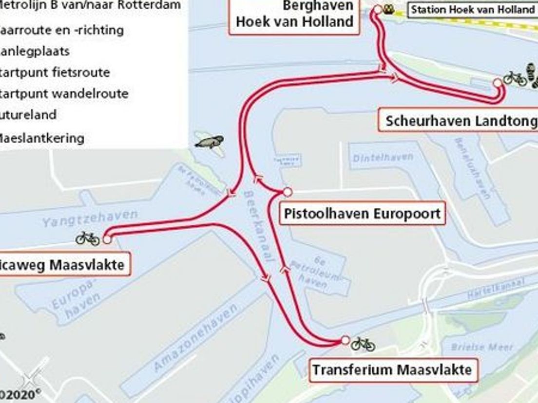 De route van de Fast Ferry tussen Hoek van Holland en de Maasvlakte