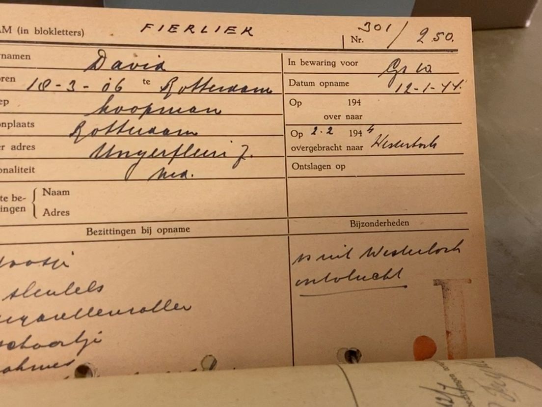 De arrestantenkaart van David Fierlier uit 1944