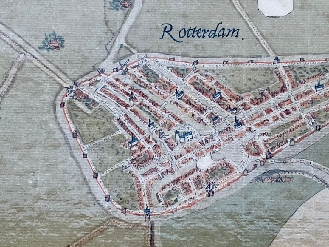 De kaart van Rotterdam rond 1562 met links de Coolvest