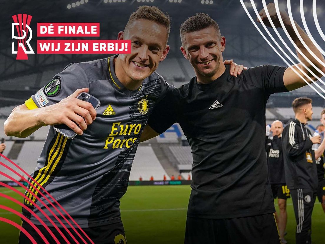 Jens Toornstra viert samen met Bryan Linssen (rechts) de finaleplaats voor Feyenoord in de Conference League