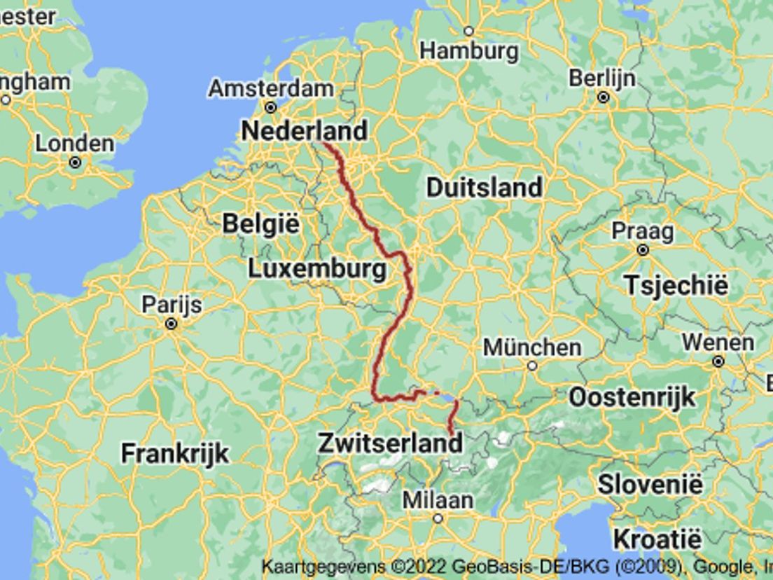De route die Joseph al zwemmend zal afleggen