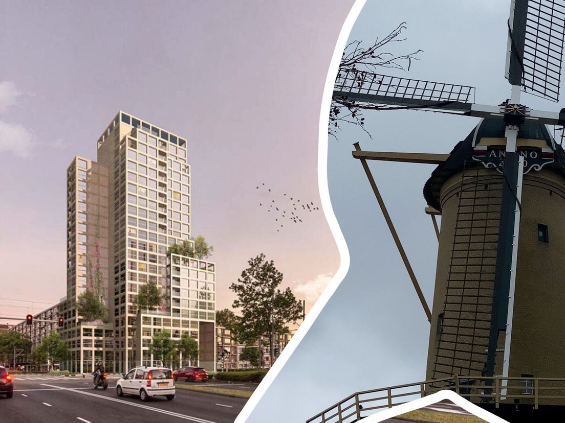 Links een impressie van de nieuwe woontoren, The Miller, rechts een van de bestaande molens in de Schiedamse binnenstad