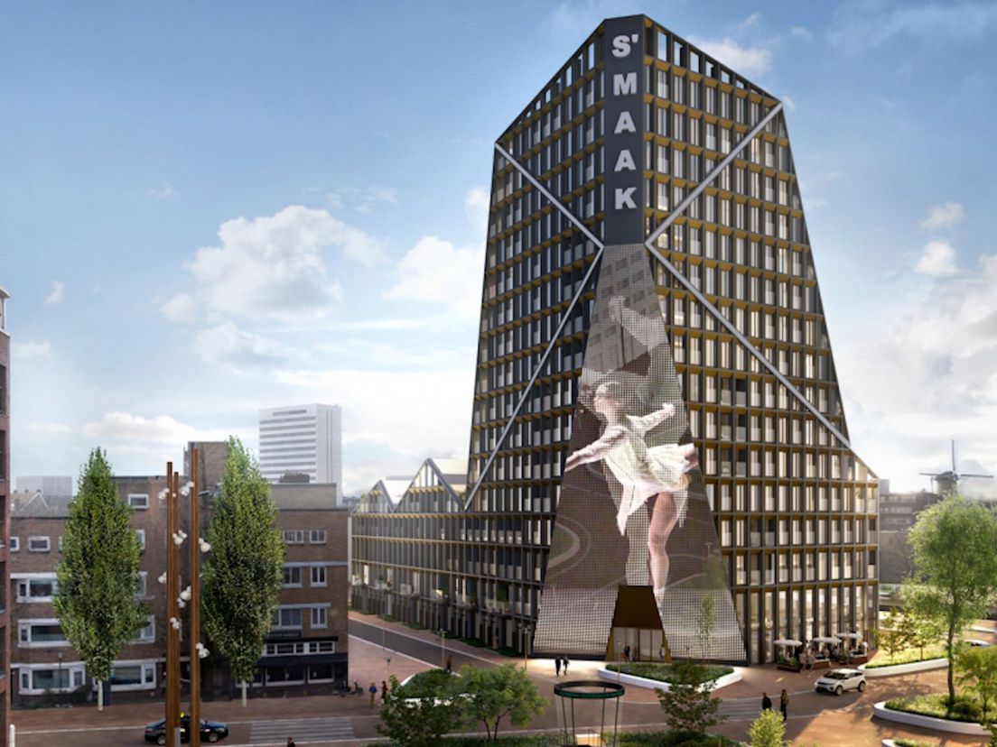 Impressietekening van woontoren s'MAAK tegenover het station van Schiedam