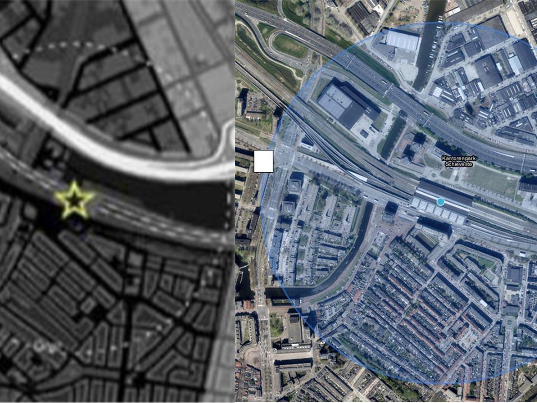 Links het plaatje uit de Hoogbouwvisie 2008 van de gemeente Schiedam, rechts de straal van 500 meter getekend vanuit het midden van het station. Het witte vlak duidt de bouwlocatie aan.