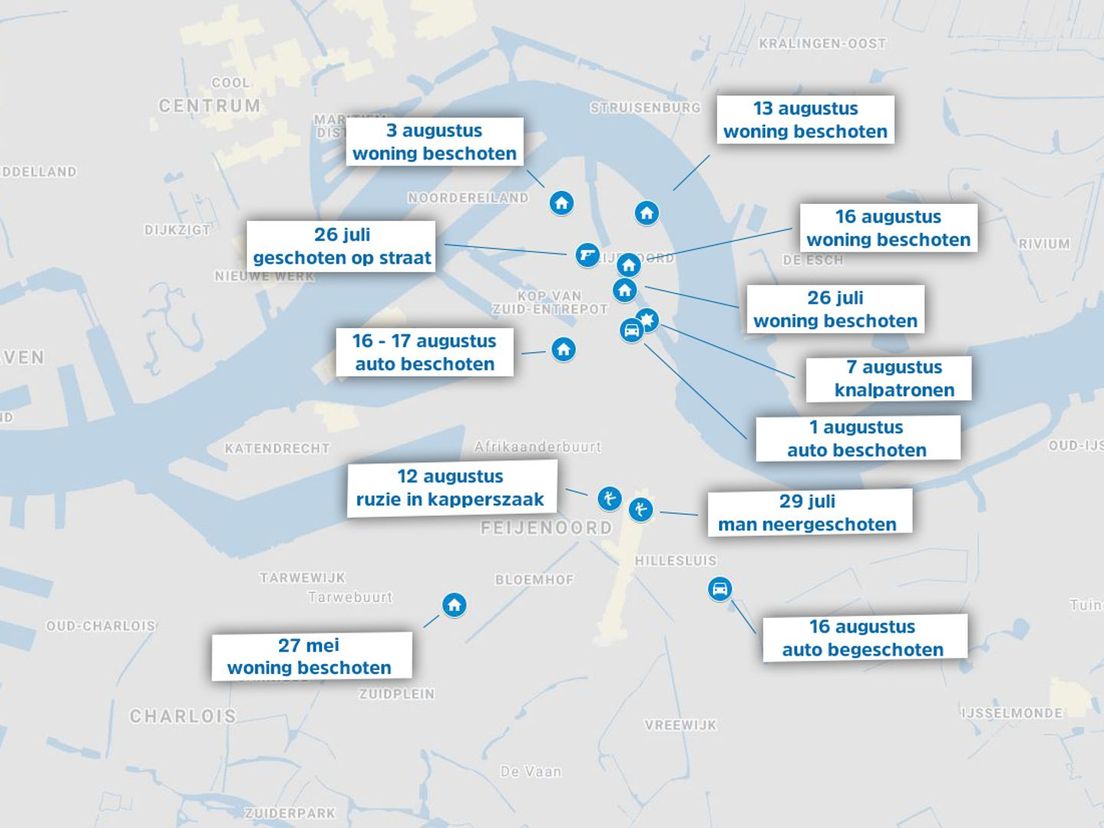 Beschietingen van de afgelopen maanden in de wijk Feijenoord