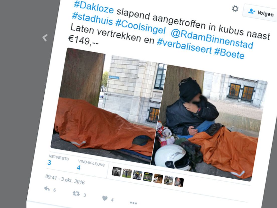 Een politietweet over een dakloze. De foto is door RTV Rijnmond geblurred .