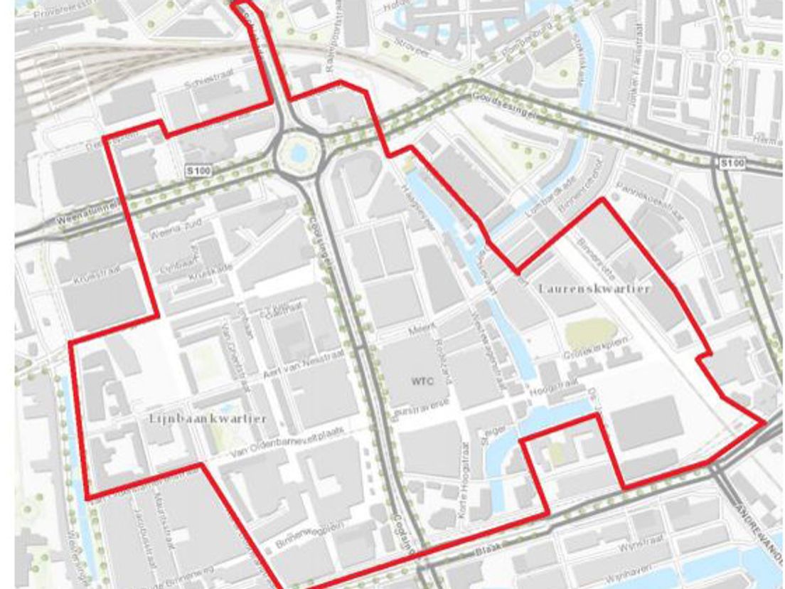 Het kaartje met het afgesloten gebied voor alle verkeer op maandag 8 mei. Bron: gemeente Rotterdam