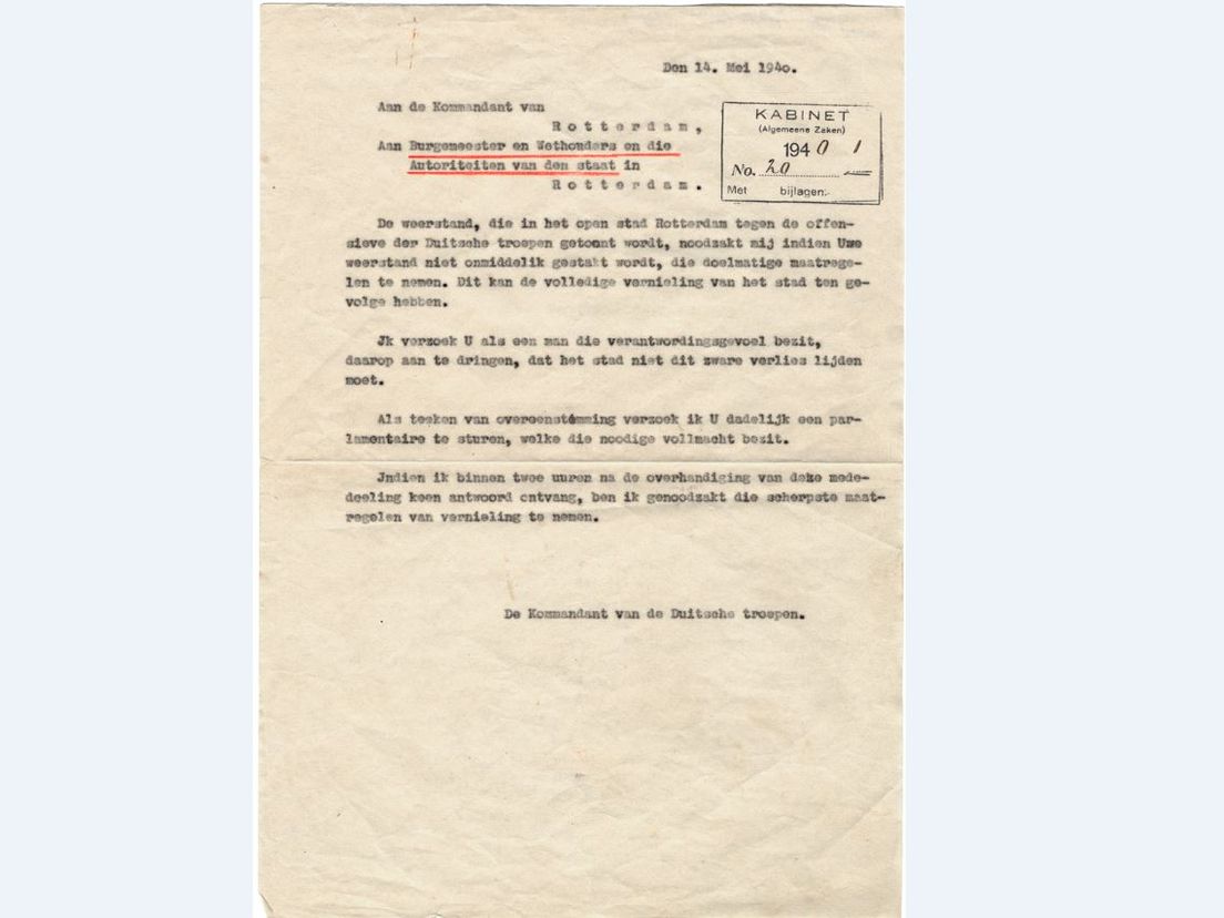 Ultimatum van de Duitsers mei 1940 Bron: Stadsarchief Rotterdam