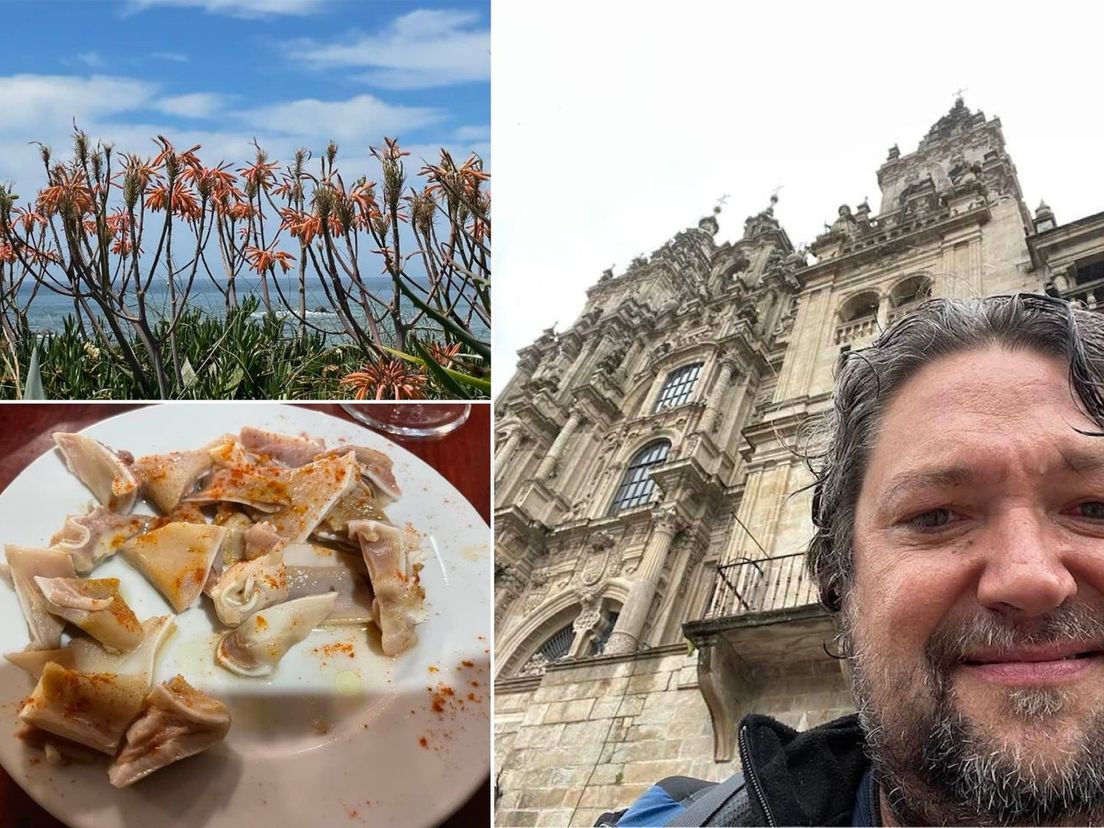 Mike Boddé tijdens zijn Camino-pelgrimstocht, met de kathedraal van Santiago de Compostella, en linksonder de gekookte varkensoren die hij onderweg op het menu vond.