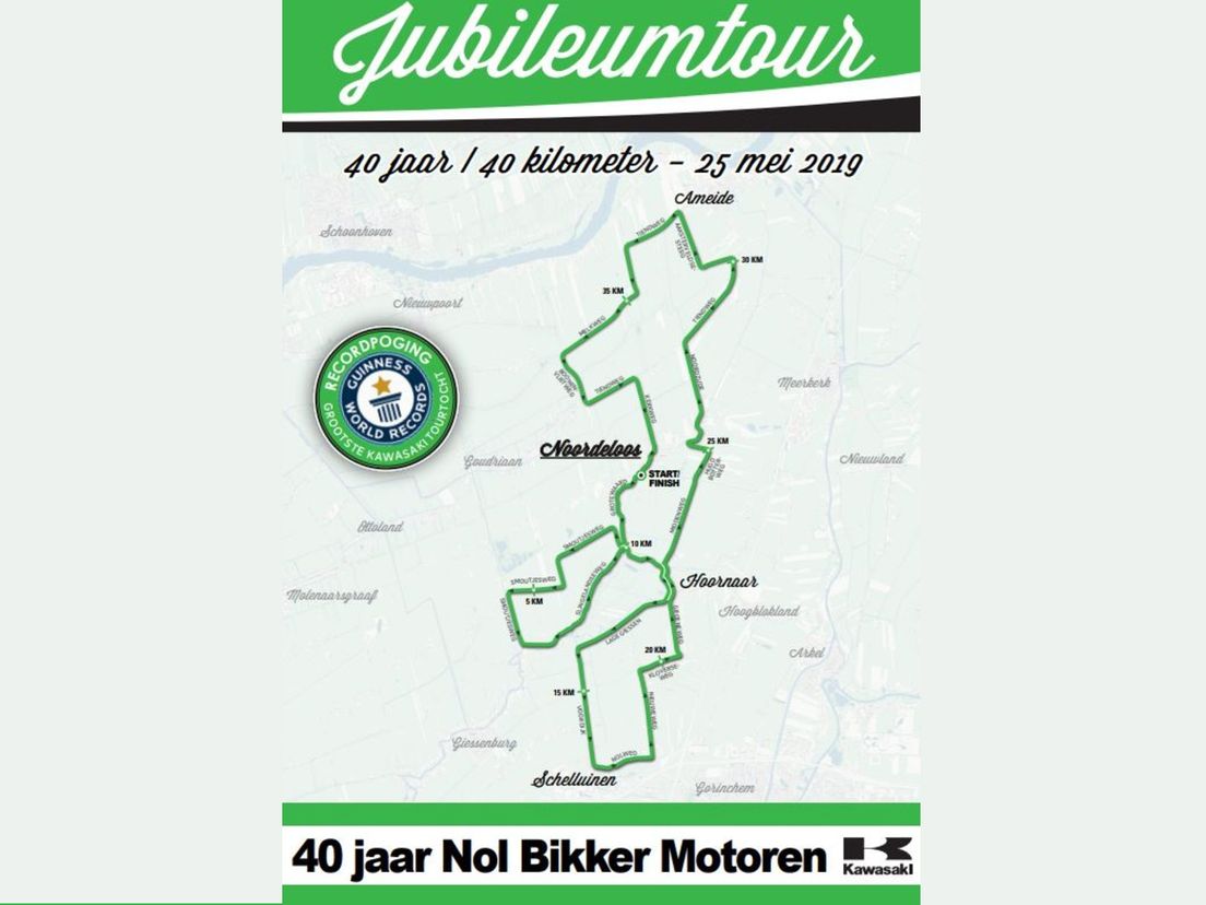 De route van de tocht. Kaart: Nol Bikker/ Polder Evenementen Noordeloos