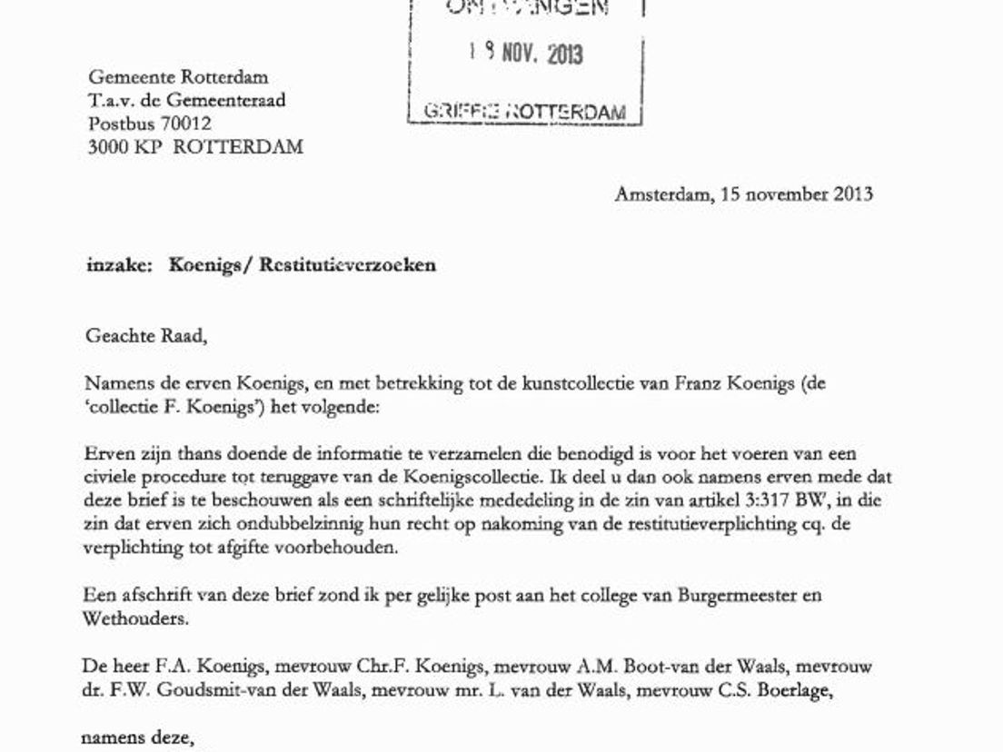 De brief van de erven-Koenigs aan de gemeente Rotterdam